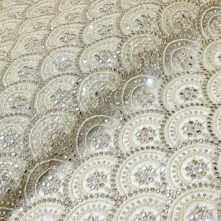 Dyed Net Moti Mirror, Zari & Sequins Embroidery Fabric – Elegant Designer Net Fabric V1128C