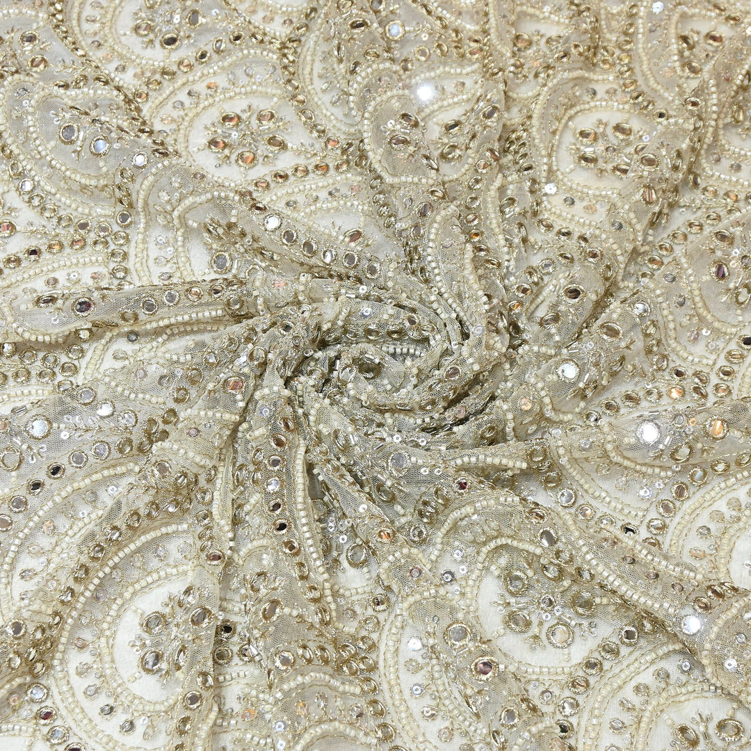 Dyed Net Moti Mirror, Zari & Sequins Embroidery Fabric – Elegant Designer Net Fabric V1128C