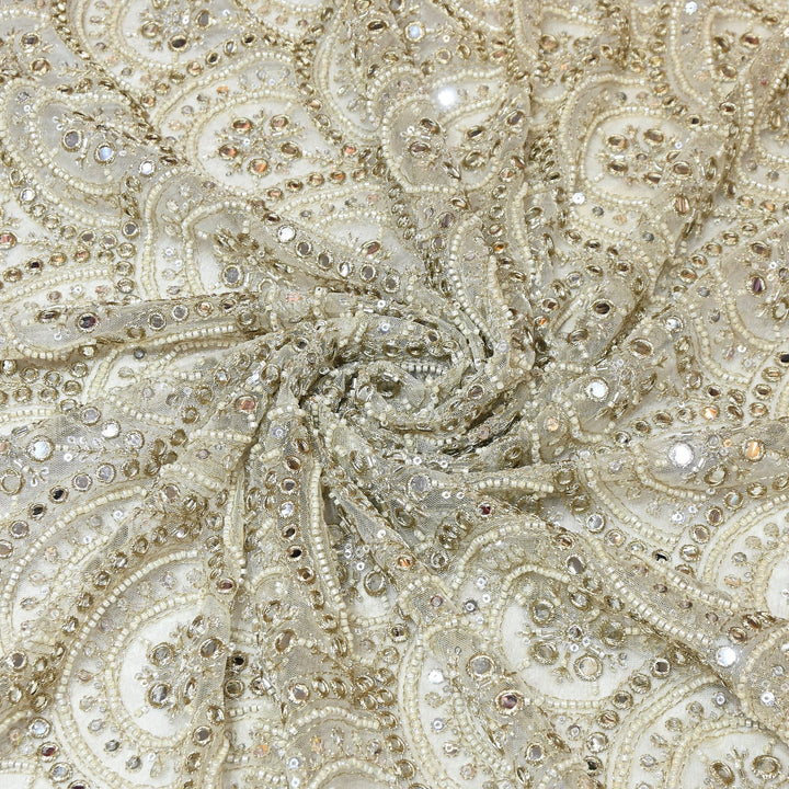 Dyed Net Moti Mirror, Zari & Sequins Embroidery Fabric – Elegant Designer Net Fabric V1128C
