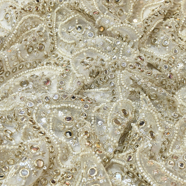 Dyed Net Moti Mirror, Zari & Sequins Embroidery Fabric – Elegant Designer Net Fabric V1128C