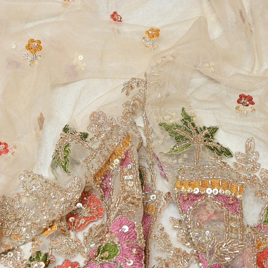 Dyed Net Moti & Sequins Embroidery Fabric – Elegant Designer Net Fabric V2713C
