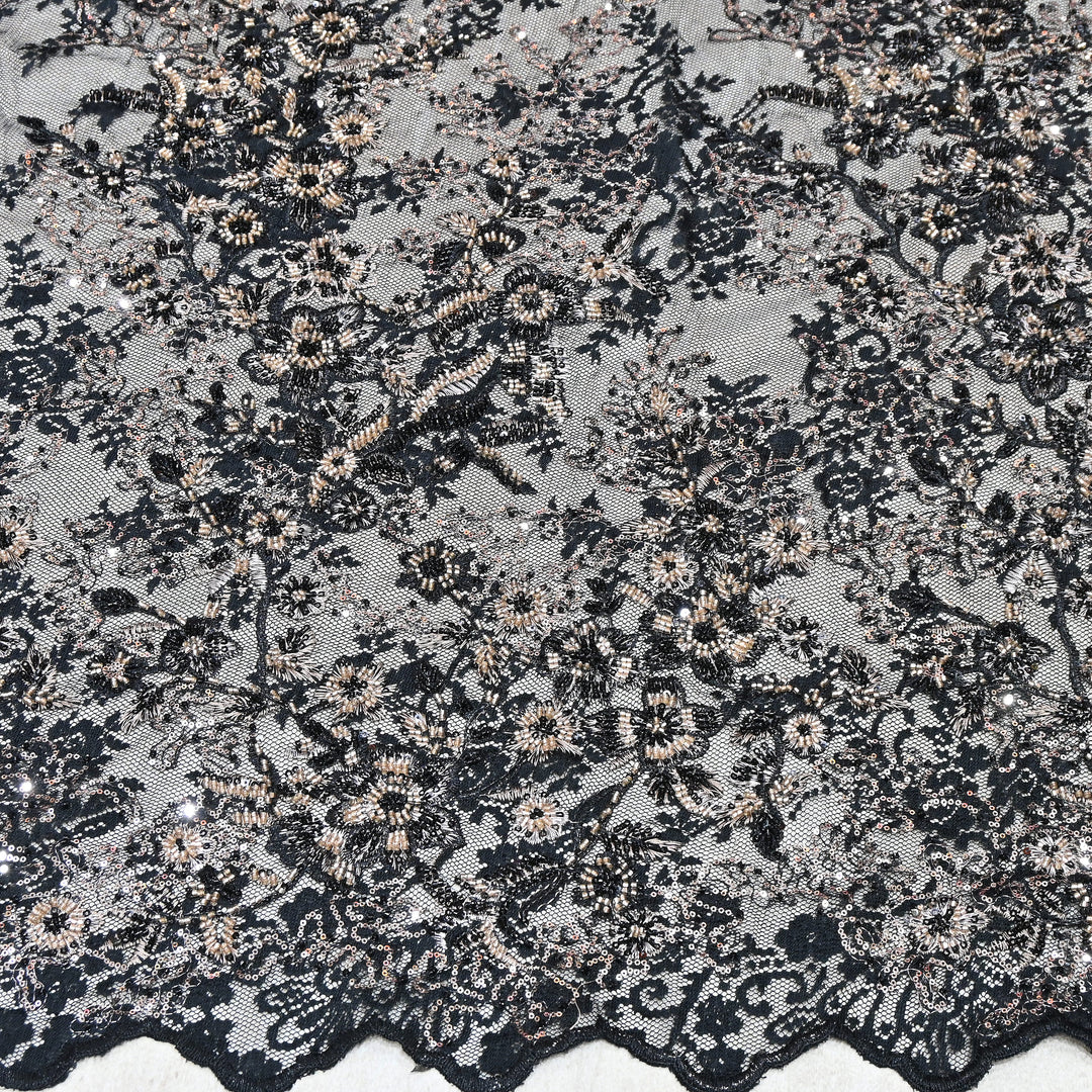 Imported Luxury Net Embroidery Fabric with Heavy Sequins & Beadwork | AT156D1-A