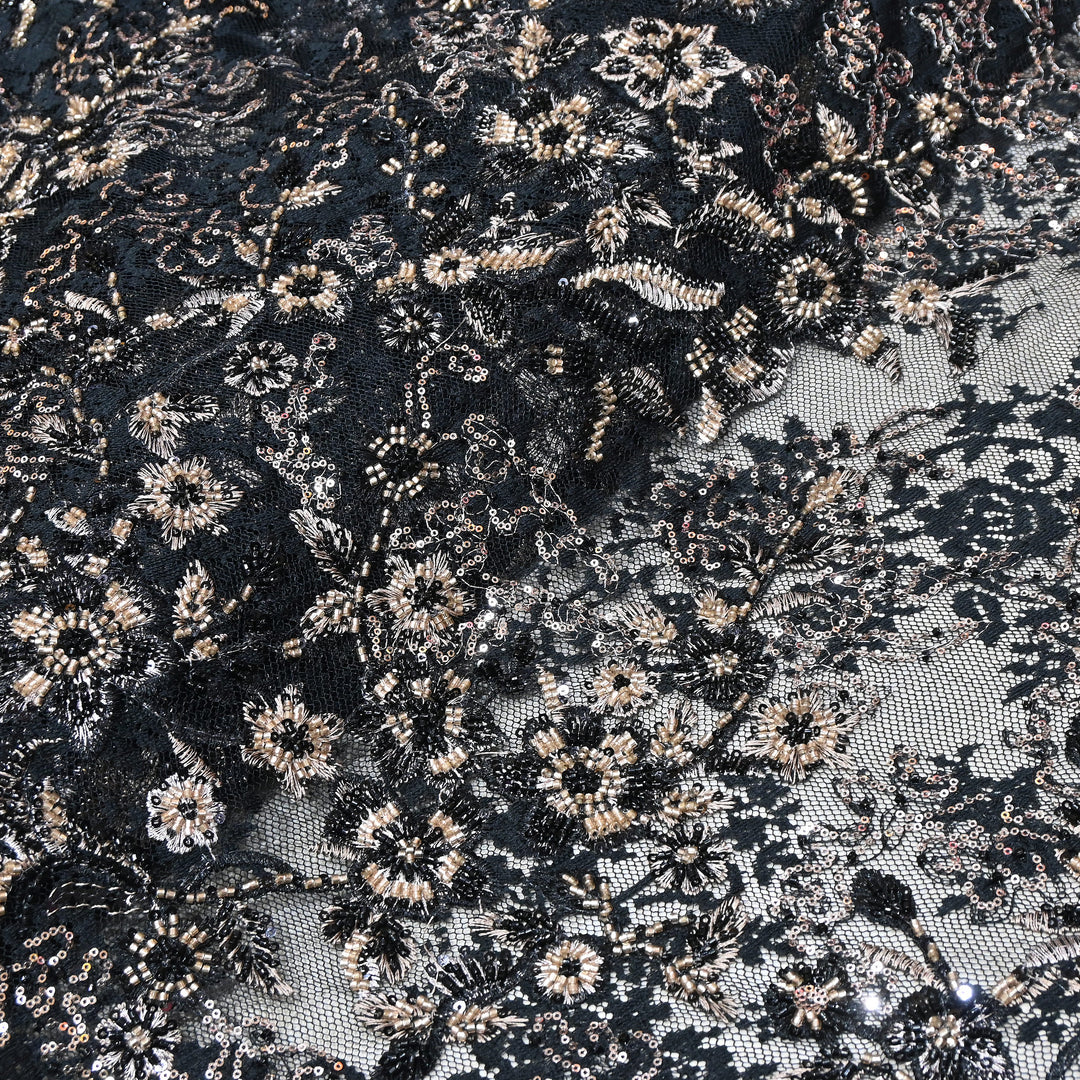 Imported Luxury Net Embroidery Fabric with Heavy Sequins & Beadwork | AT156D1-A