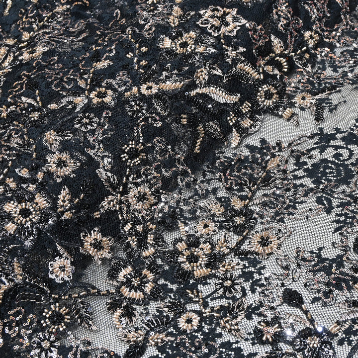 Imported Luxury Net Embroidery Fabric with Heavy Sequins & Beadwork | AT156D1-A