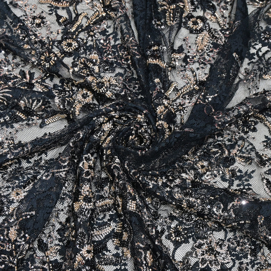 Imported Luxury Net Embroidery Fabric with Heavy Sequins & Beadwork | AT156D1-A