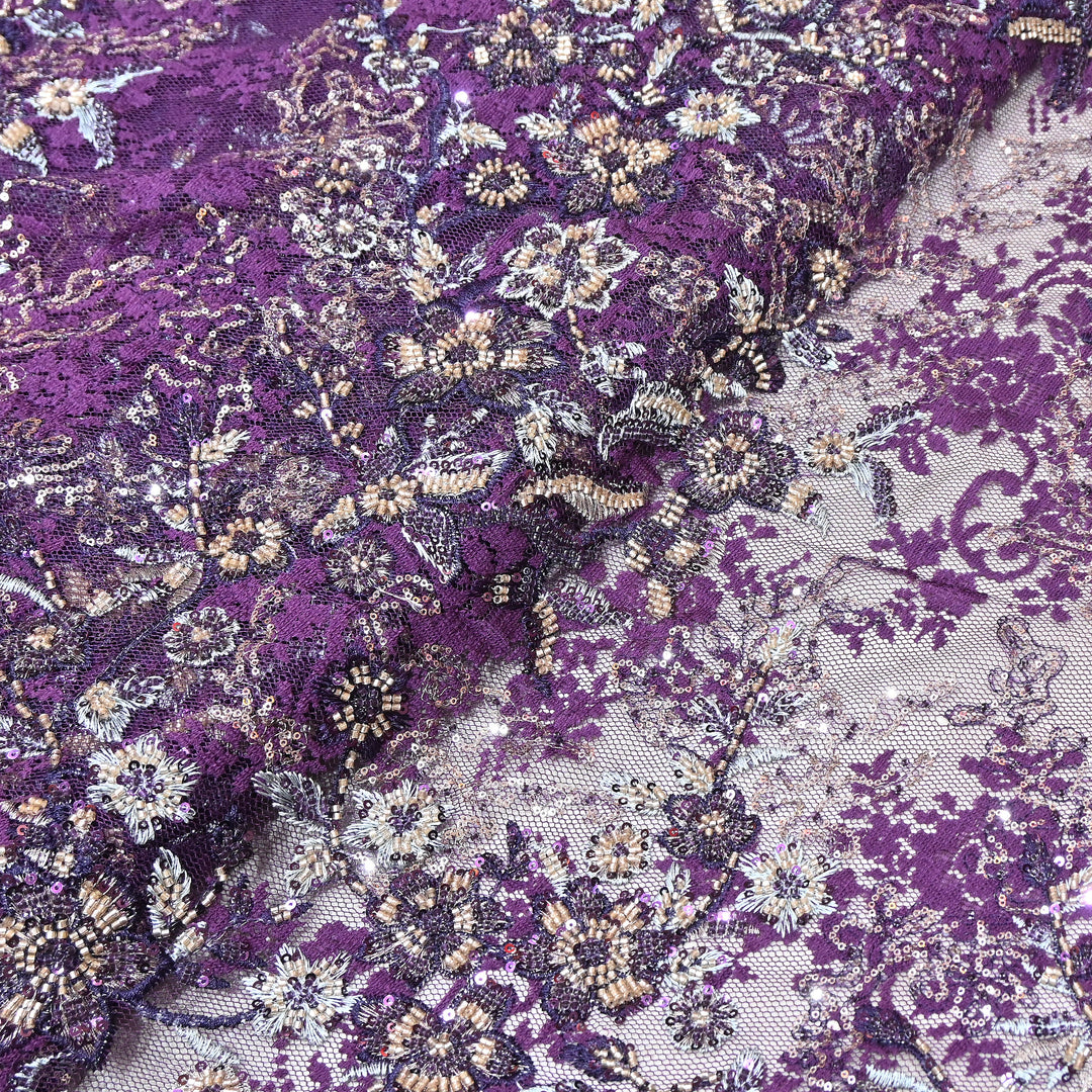 Imported Luxury Net Embroidery Fabric with Heavy Sequins & Beadwork | AT156D1-D