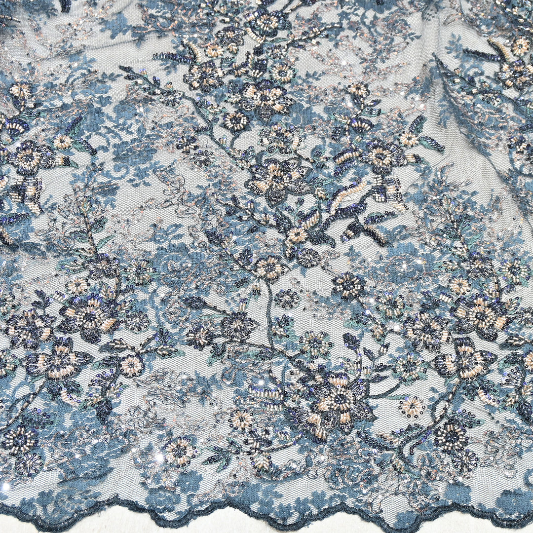 Imported Luxury Net Embroidery Fabric with Heavy Sequins & Beadwork | AT156D1-E