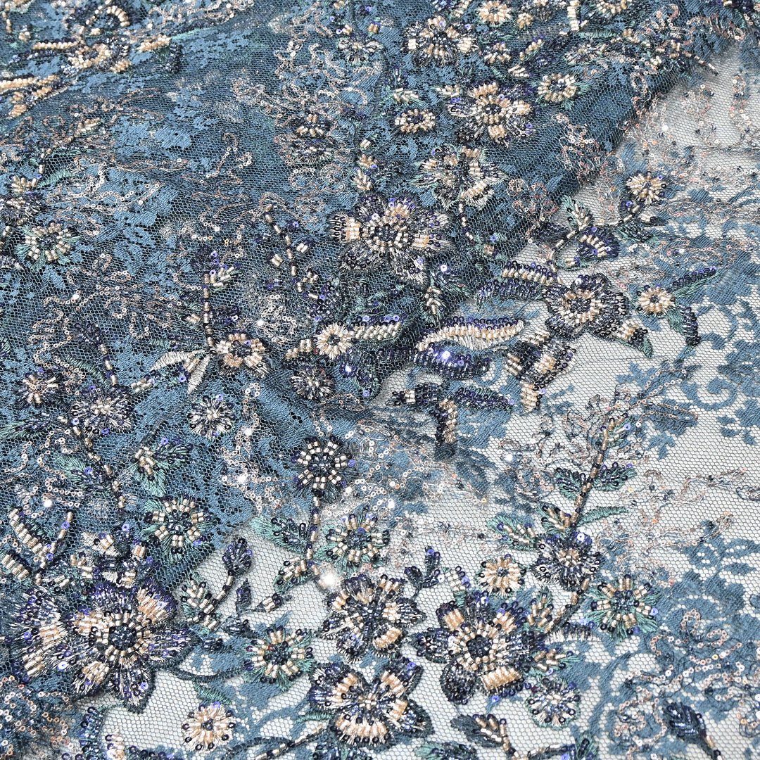 Imported Luxury Net Embroidery Fabric with Heavy Sequins & Beadwork | AT156D1-E