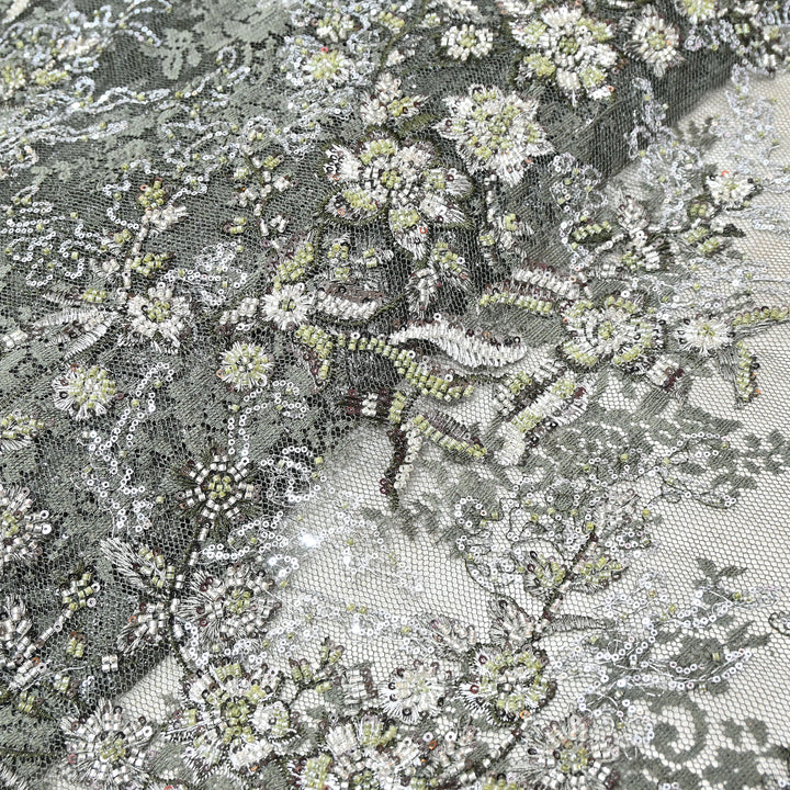 Imported Luxury Net Embroidery Fabric with Heavy Sequins & Beadwork | AT156D1-C