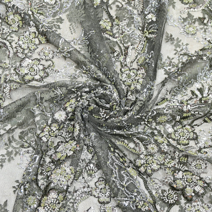 Imported Luxury Net Embroidery Fabric with Heavy Sequins & Beadwork | AT156D1-C