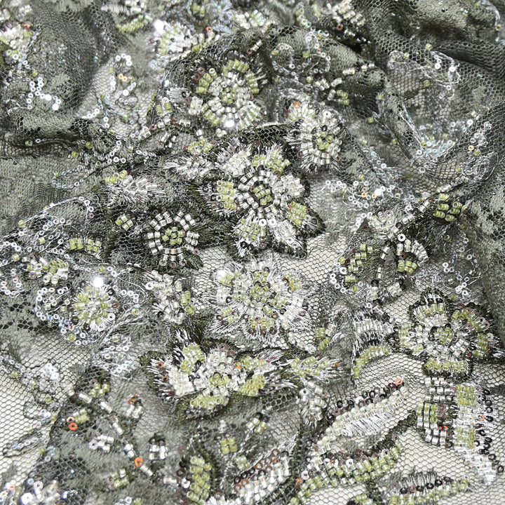 Imported Luxury Net Embroidery Fabric with Heavy Sequins & Beadwork | AT156D1-C