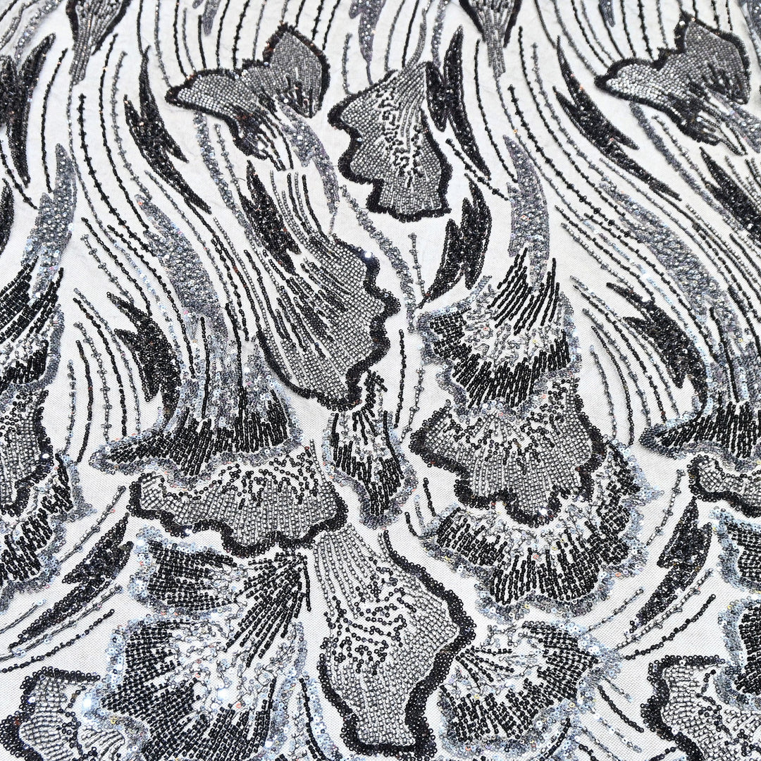 Imported Net Embroidery Fabric – Luxury Sequin & Bead Floral Designer Net - MBL952-C