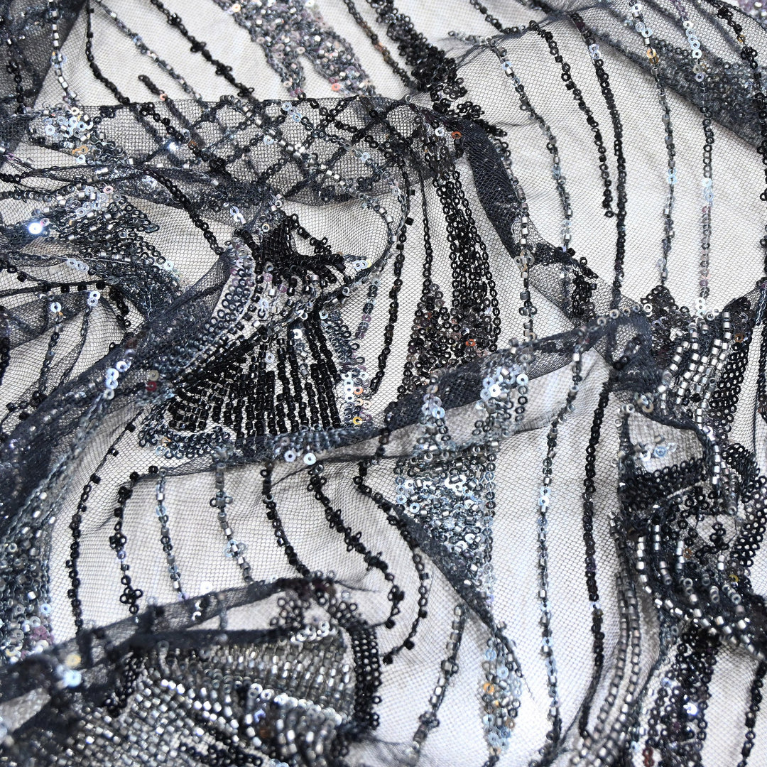 Imported Net Embroidery Fabric – Luxury Sequin & Bead Floral Designer Net - MBL952-C