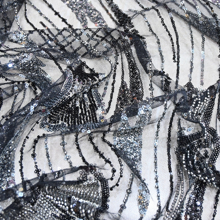 Imported Net Embroidery Fabric – Luxury Sequin & Bead Floral Designer Net - MBL952-C