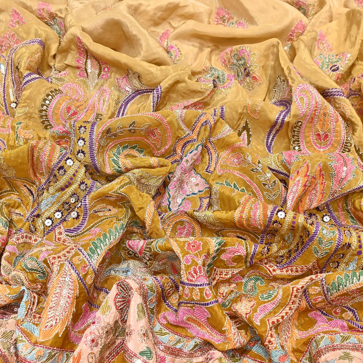 Multi Color Crape Position Print Fabric with Zari Sequins Embroidery- 00P400-2