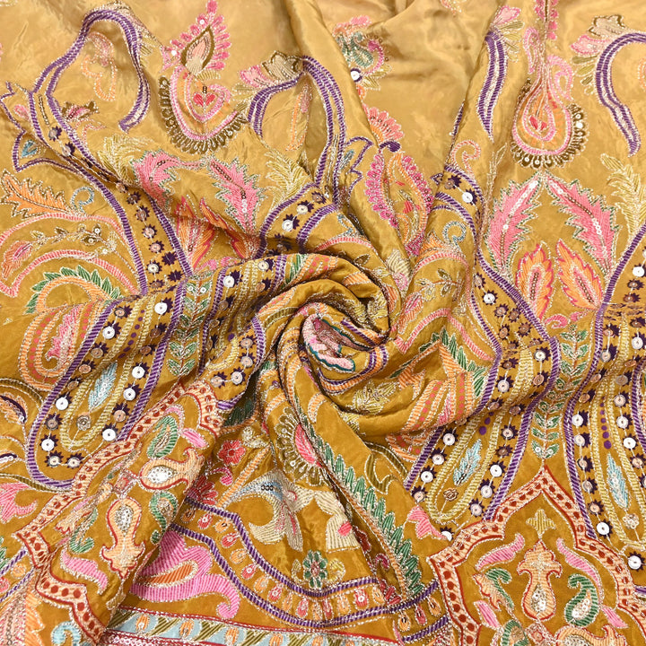 Multi Color Crape Position Print Fabric with Zari Sequins Embroidery- 00P400-2