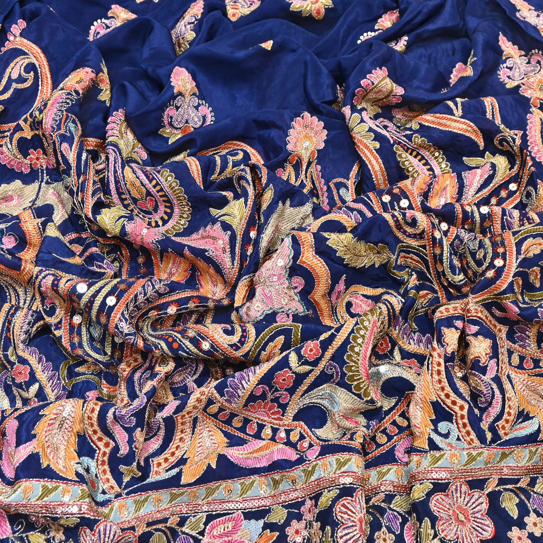 Multi Color Crape Position Print Fabric with Zari Sequins Embroidery- 00P400-3