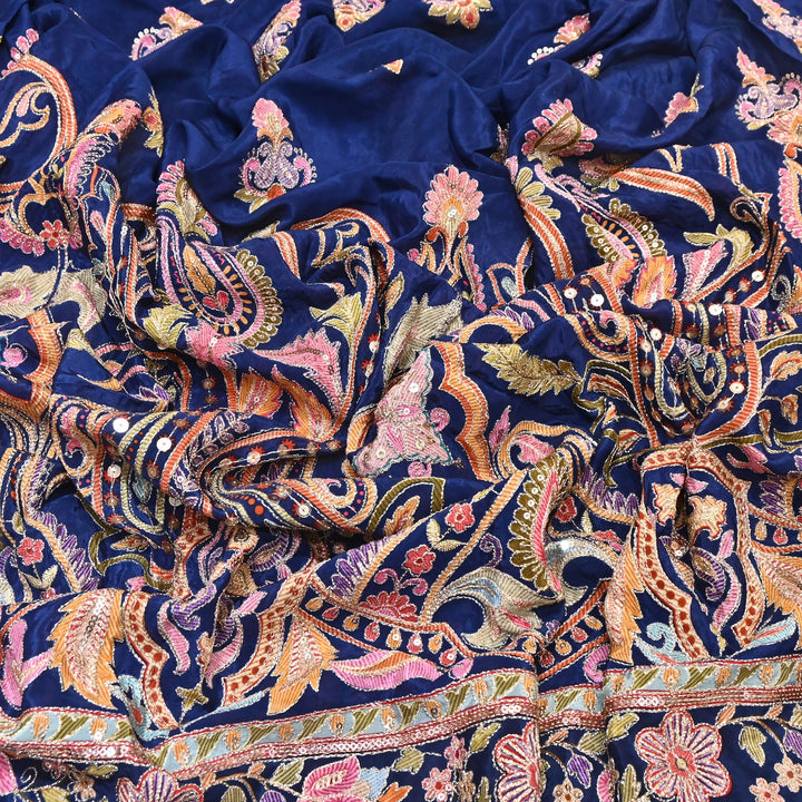 Multi Color Crape Position Print Fabric with Zari Sequins Embroidery- 00P400-3