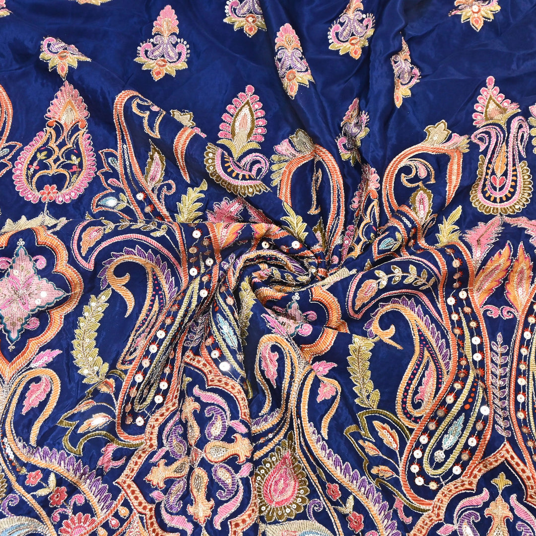 Multi Color Crape Position Print Fabric with Zari Sequins Embroidery- 00P400-3