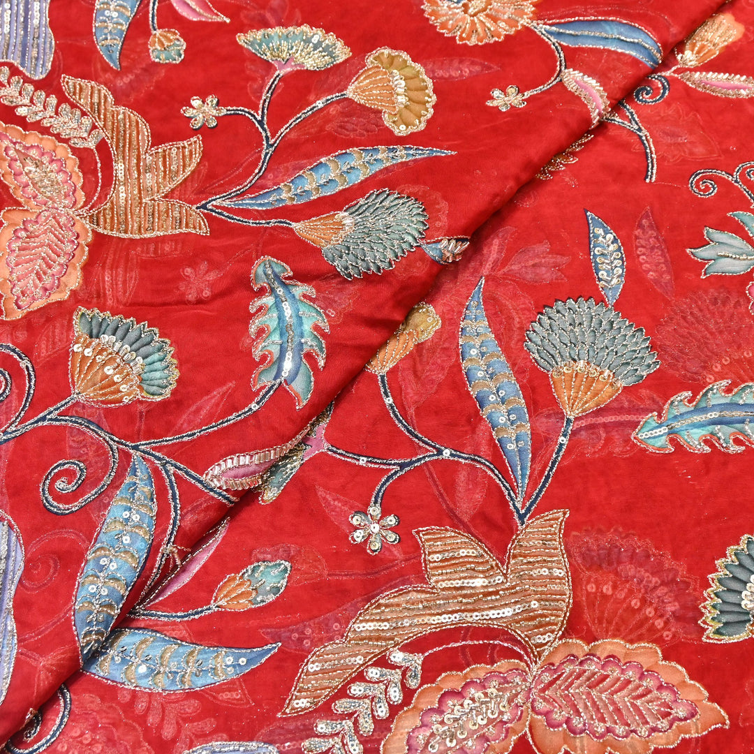 Premium Organza Zari Embroidery Fabric with Moti Sequence Work - Designer Fabric- 00PB15-1