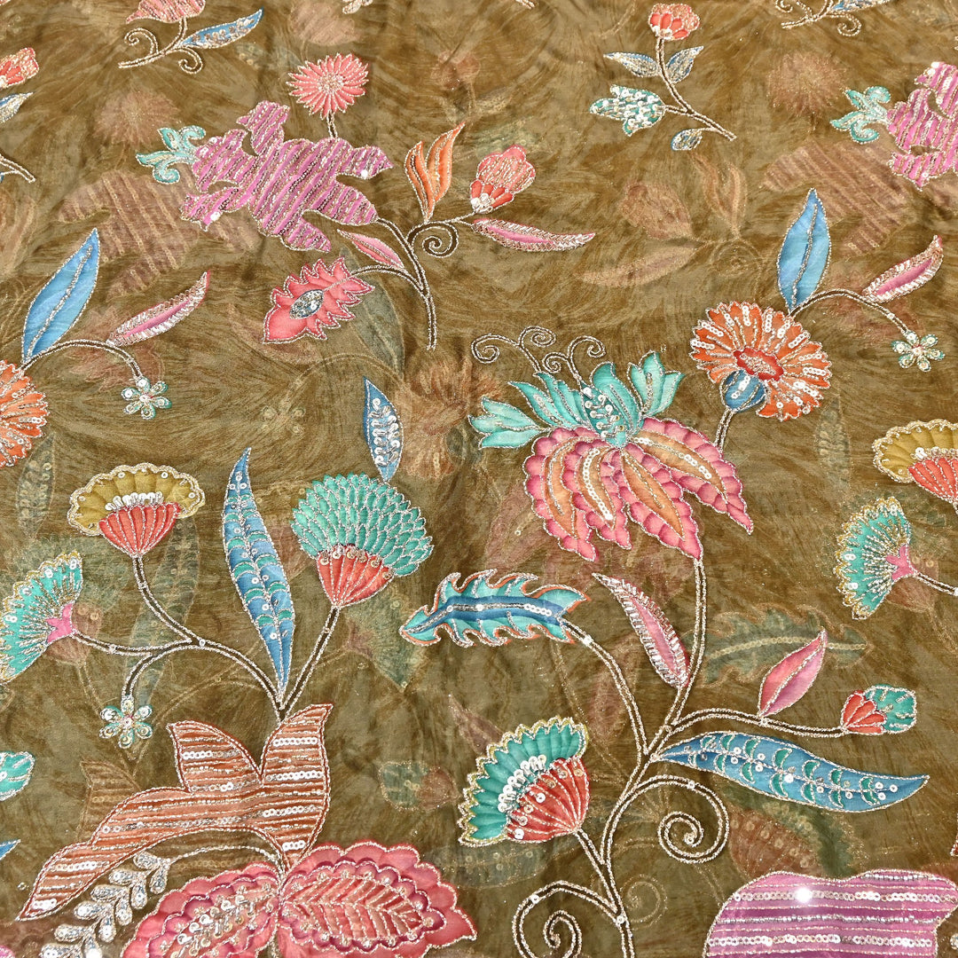 Premium Organza Zari Embroidery Fabric with Moti Sequence Work - Designer Fabric- 00PB15-3