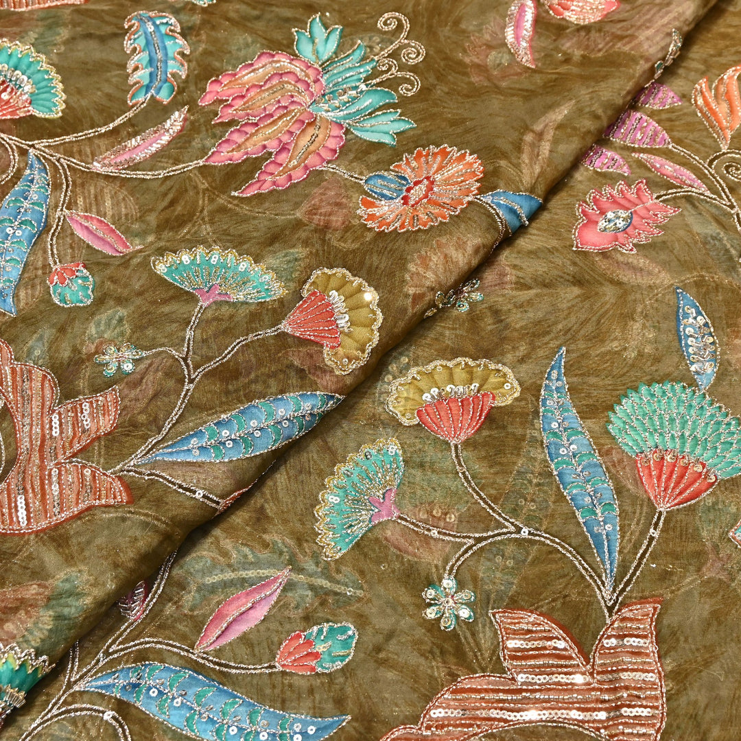 Premium Organza Zari Embroidery Fabric with Moti Sequence Work - Designer Fabric- 00PB15-3