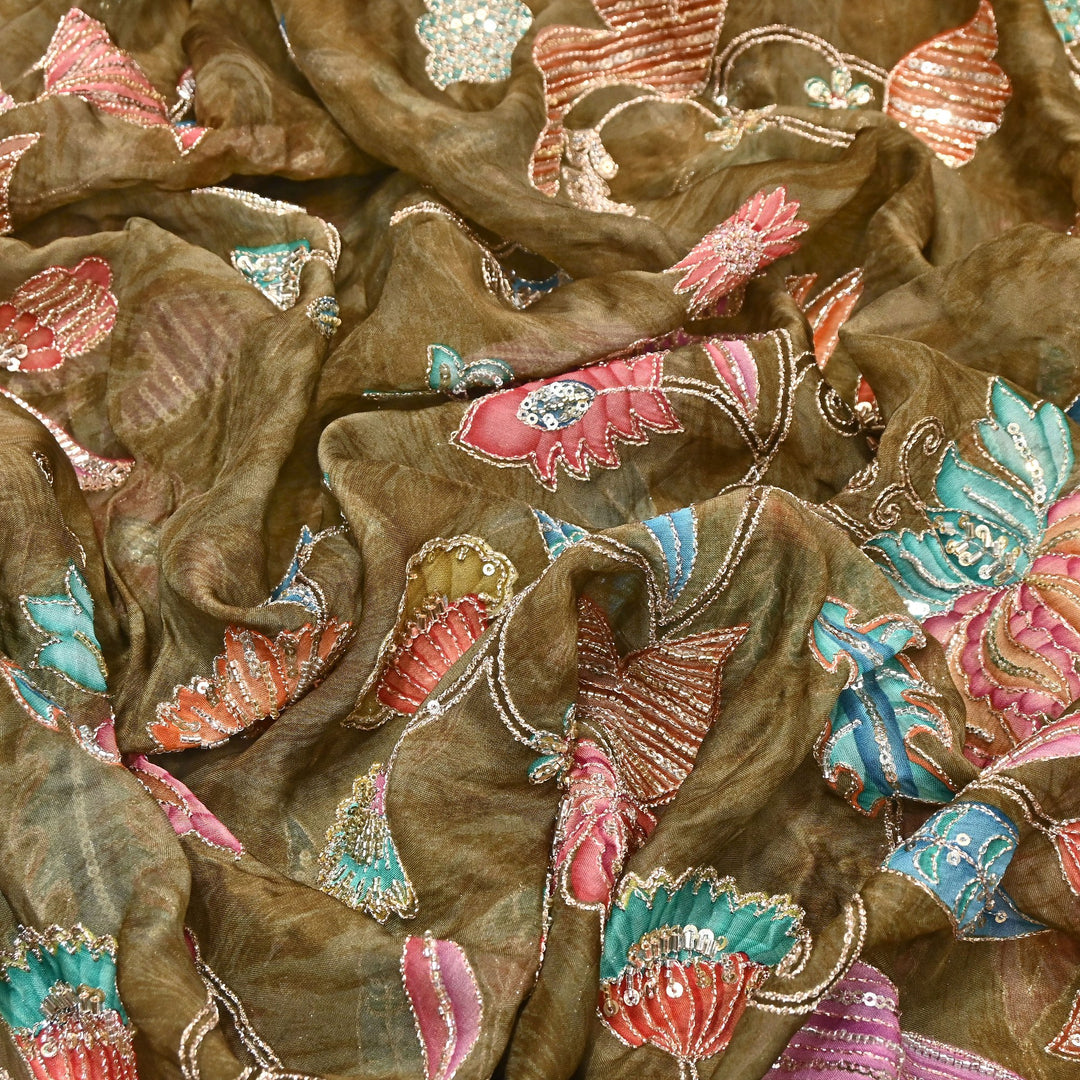 Premium Organza Zari Embroidery Fabric with Moti Sequence Work - Designer Fabric- 00PB15-3