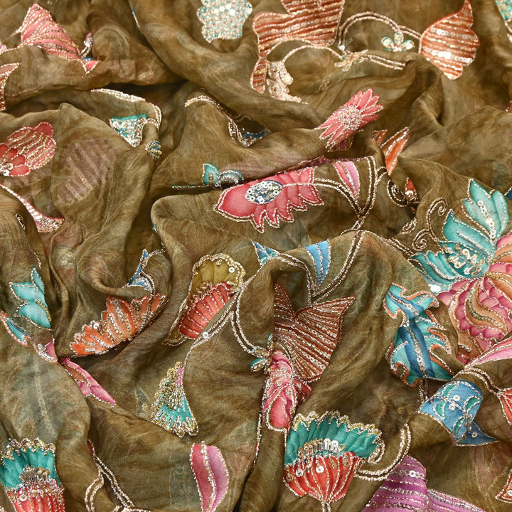 Premium Organza Zari Embroidery Fabric with Moti Sequence Work - Designer Fabric- 00PB15-3