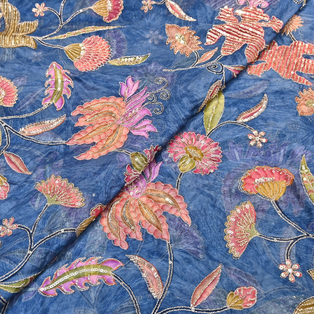 Premium Organza Zari Embroidery Fabric with Moti Sequence Work - Designer Fabric- 00PB15-4