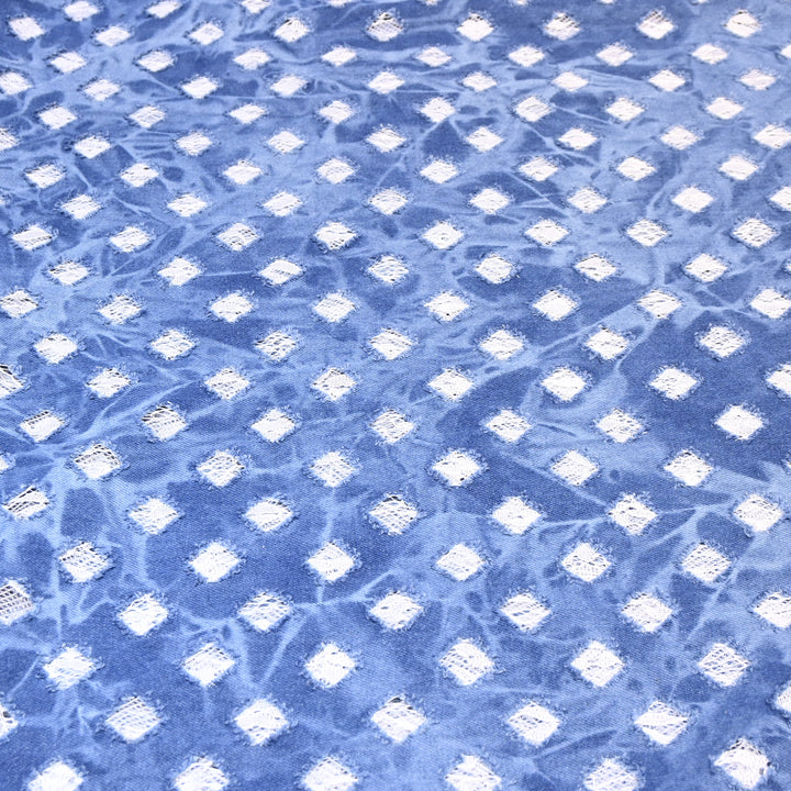 Designer Pastel Blue Denim Cutwork Fabric – Distressed Diamond Pattern Denim Fabric - 014RS95-B