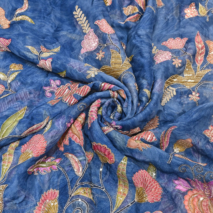 Premium Organza Zari Embroidery Fabric with Moti Sequence Work - Designer Fabric- 00PB15-4