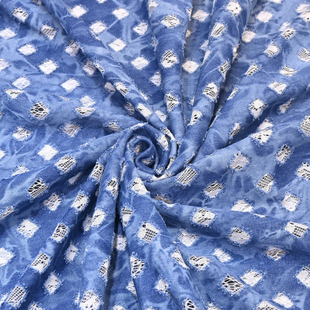 Designer Pastel Blue Denim Cutwork Fabric – Distressed Diamond Pattern Denim Fabric - 014RS95-B