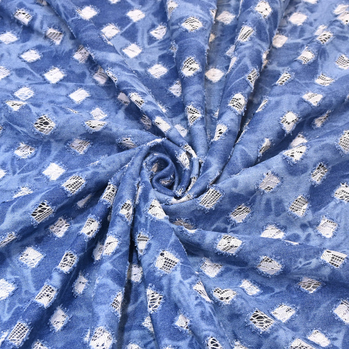 Designer Pastel Blue Denim Cutwork Fabric – Distressed Diamond Pattern Denim Fabric - 014RS95-B