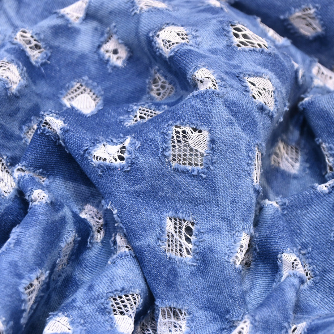 Designer Pastel Blue Denim Cutwork Fabric – Distressed Diamond Pattern Denim Fabric - 014RS95-B
