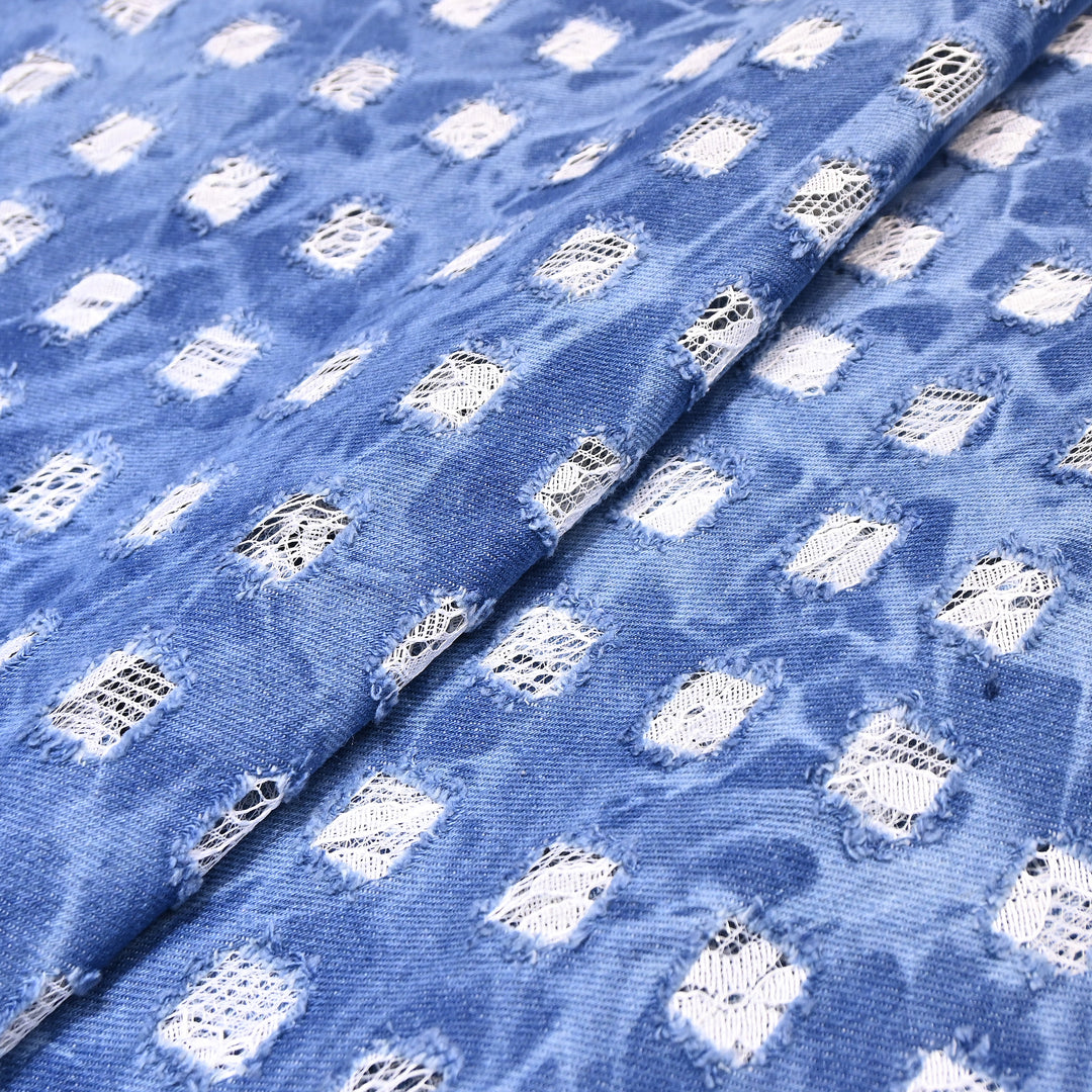 Designer Pastel Blue Denim Cutwork Fabric – Distressed Diamond Pattern Denim Fabric - 014RS95-B