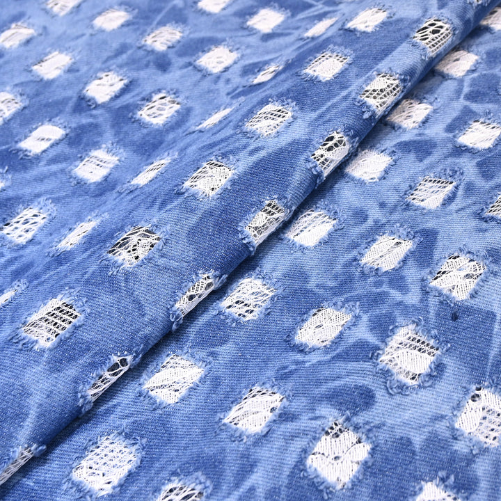 Designer Pastel Blue Denim Cutwork Fabric – Distressed Diamond Pattern Denim Fabric - 014RS95-B