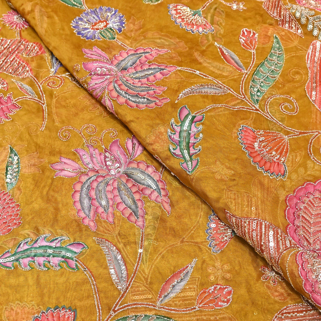 Premium Organza Zari Embroidery Fabric with Moti Sequence Work - Designer Fabric- 00PB15-5