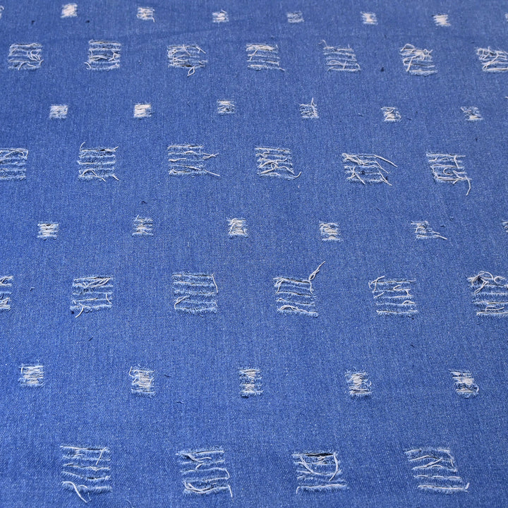 Designer Blue Denim Cutwork Fabric – Distressed Diamond Pattern Denim Fabric - 014RS95