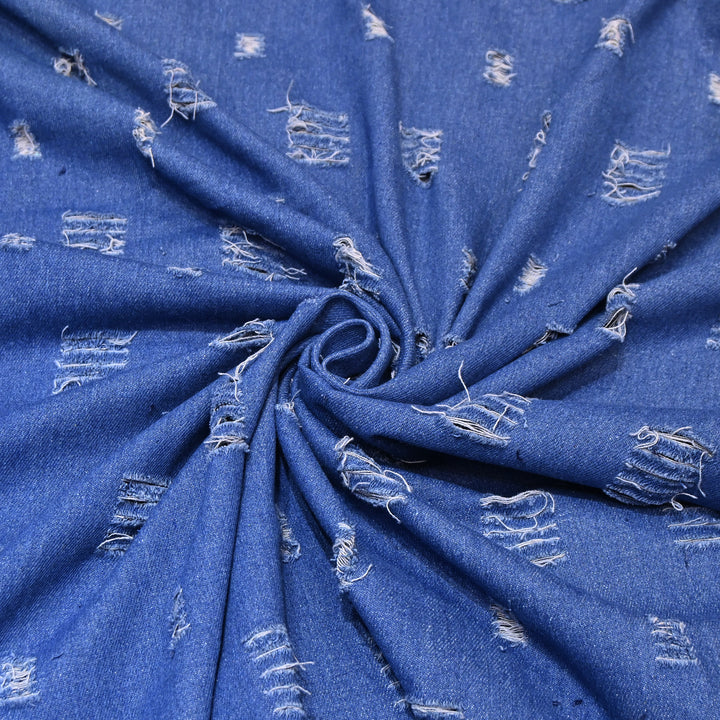 Designer Blue Denim Cutwork Fabric – Distressed Diamond Pattern Denim Fabric - 014RS95