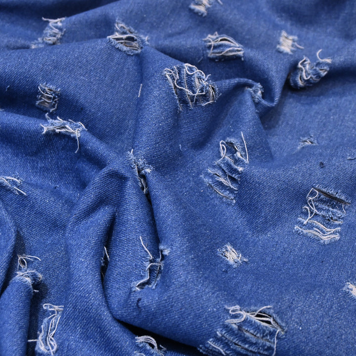 Designer Blue Denim Cutwork Fabric – Distressed Diamond Pattern Denim Fabric - 014RS95