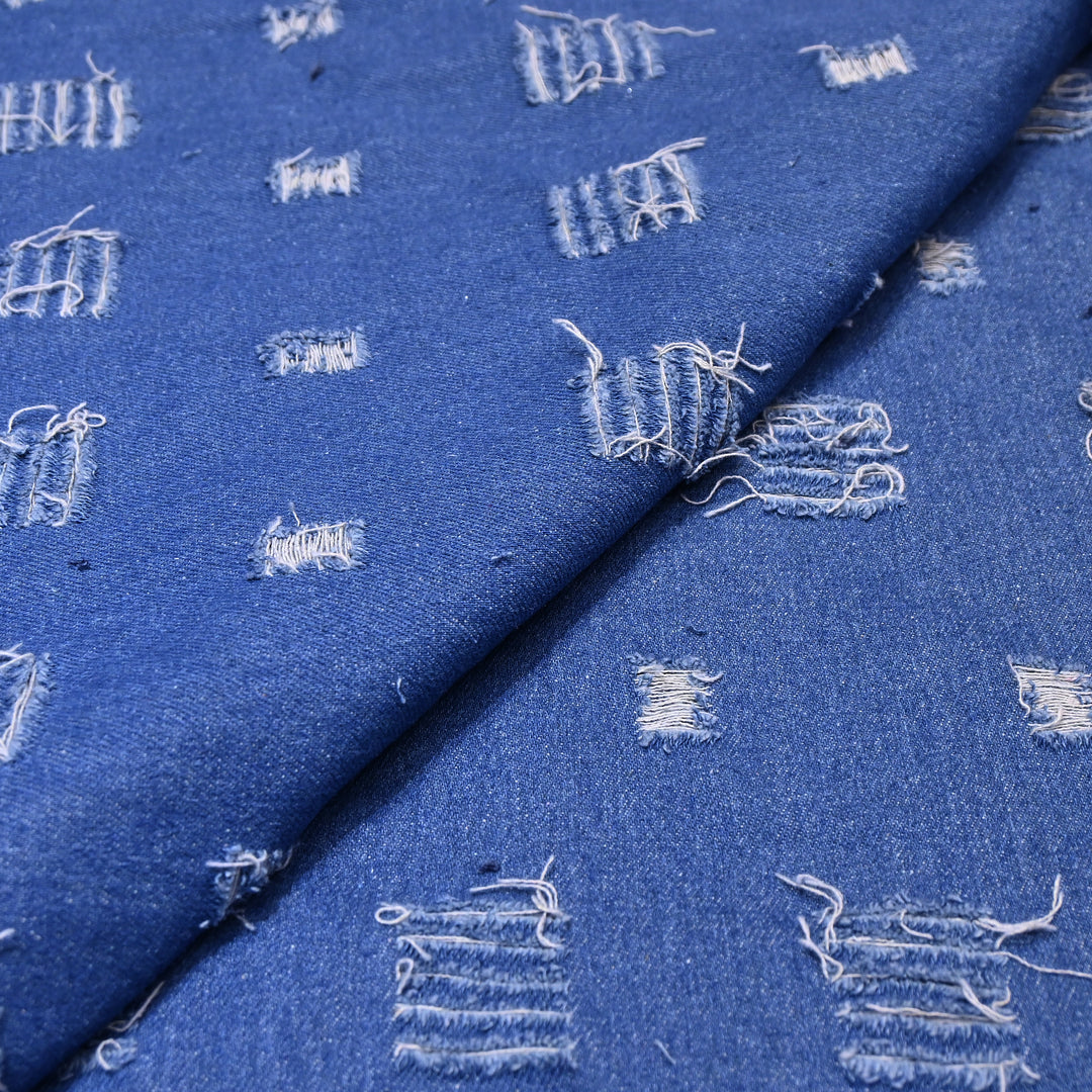 Designer Blue Denim Cutwork Fabric – Distressed Diamond Pattern Denim Fabric - 014RS95