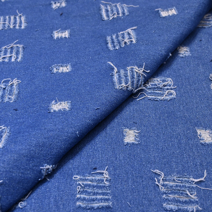Designer Blue Denim Cutwork Fabric – Distressed Diamond Pattern Denim Fabric - 014RS95