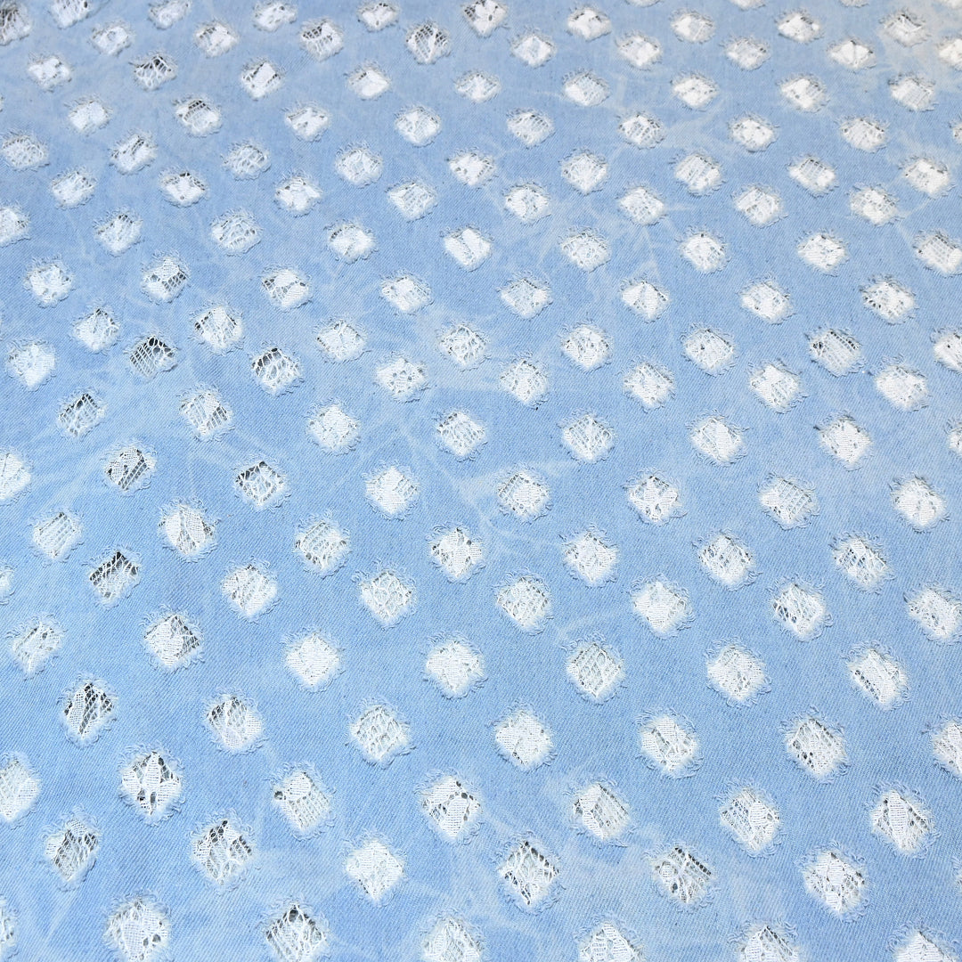 Designer Aqua Blue Denim Cutwork Fabric – Distressed Diamond Pattern Denim Fabric - 014RS95-C