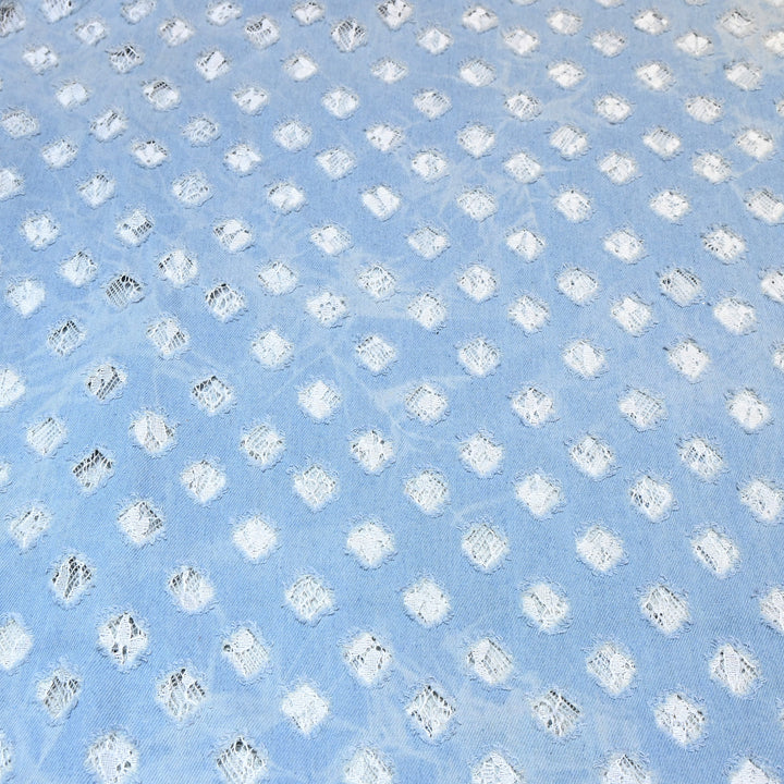 Designer Aqua Blue Denim Cutwork Fabric – Distressed Diamond Pattern Denim Fabric - 014RS95-C