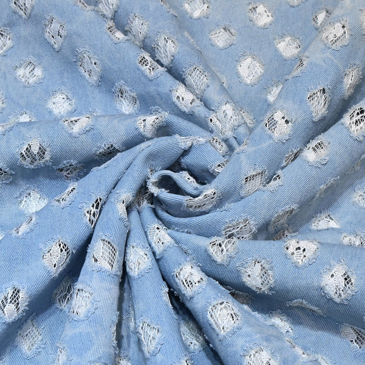 Designer Aqua Blue Denim Cutwork Fabric – Distressed Diamond Pattern Denim Fabric - 014RS95-C