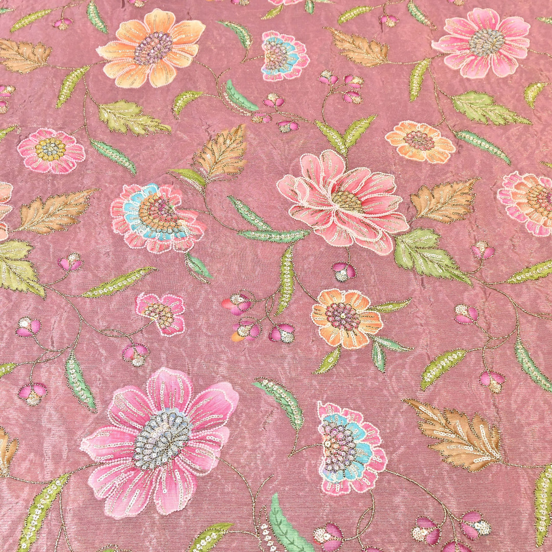 Crape Shimmer Fabric with Position Print & Zari Sequence Embroidery -00P260-1