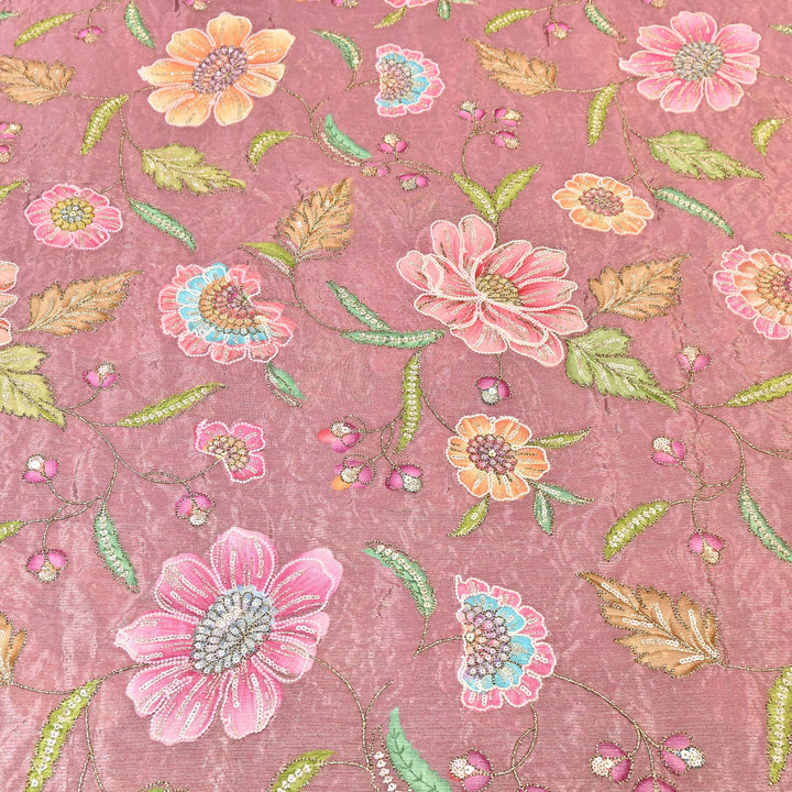 Crape Shimmer Fabric with Position Print & Zari Sequence Embroidery -00P260-1