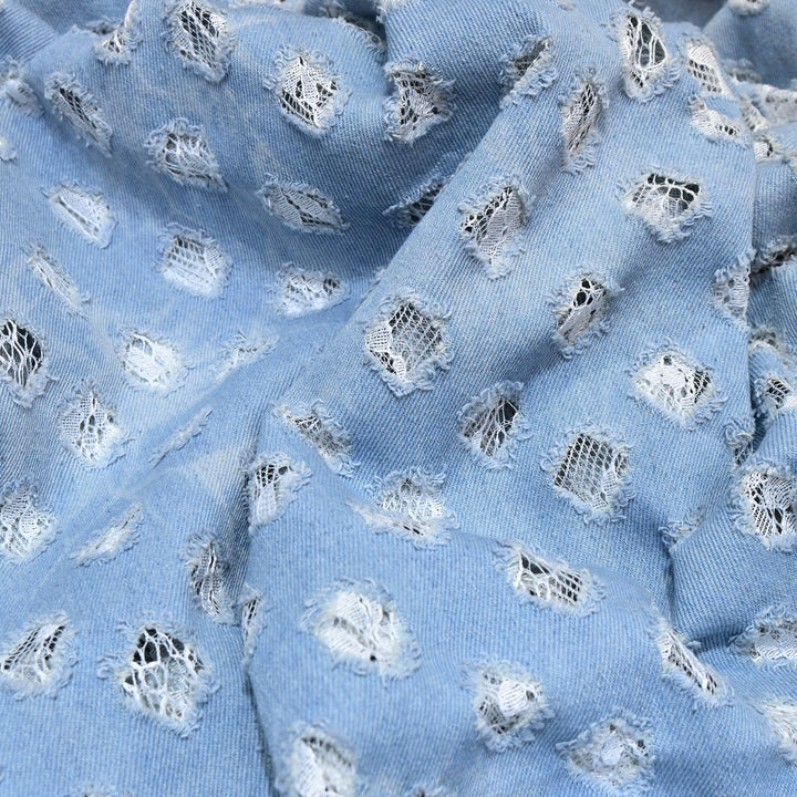 Designer Aqua Blue Denim Cutwork Fabric – Distressed Diamond Pattern Denim Fabric - 014RS95-C