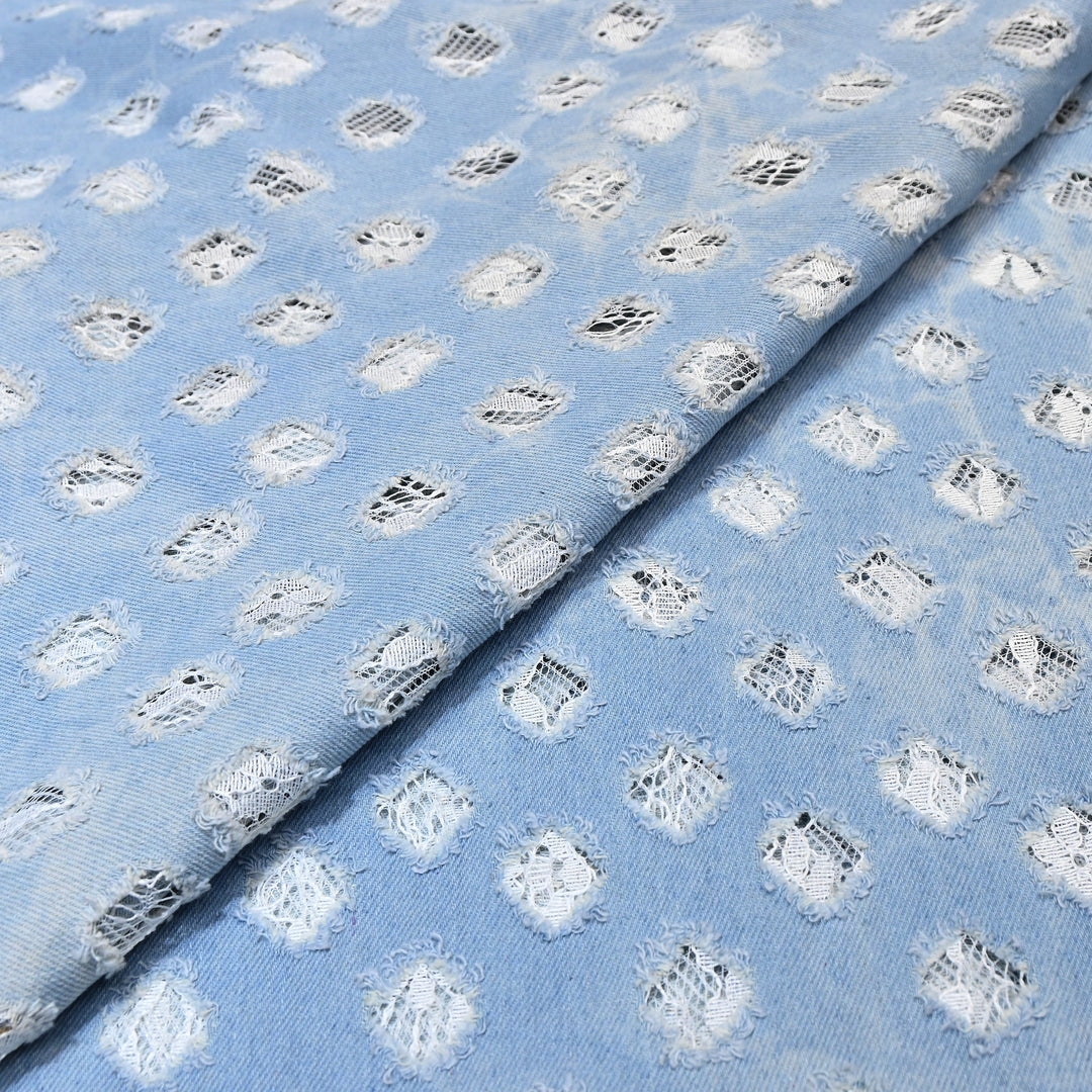 Designer Aqua Blue Denim Cutwork Fabric – Distressed Diamond Pattern Denim Fabric - 014RS95-C