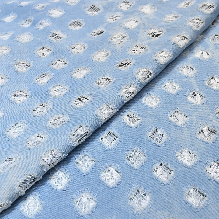Designer Aqua Blue Denim Cutwork Fabric – Distressed Diamond Pattern Denim Fabric - 014RS95-C